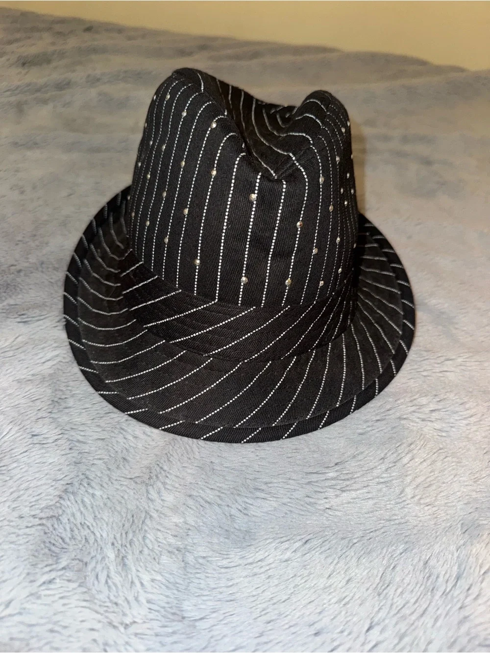 Rebecca Bonbon Black Pinstripe Fedora Hat with Crest Accent